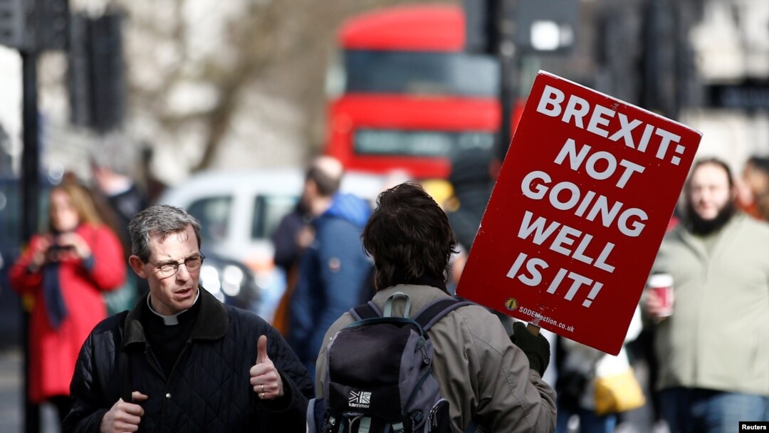 Demonstrant protiv Bregzita šeta ispred parlamenta u Londonu, 14. marta 2019. 