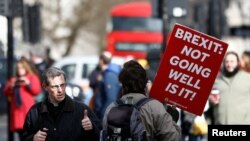 An anti-Brexit protester walks outside the Houses of Parliament in London, March 14, 2019.