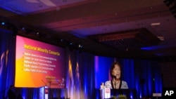 NAPT Executive Director Shirley Sneve gives a presentation during the 2010 PBS Annual Showcase in Austin, Texas.