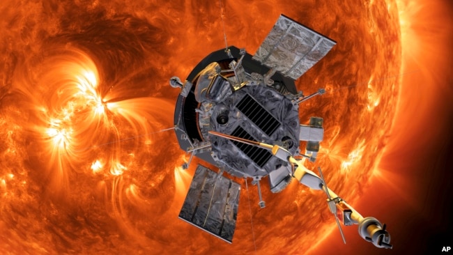 This image made available by NASA shows an artist's rendering of the Parker Solar Probe approaching the Sun. (Steve Gribben/Johns Hopkins APL/NASA via AP)