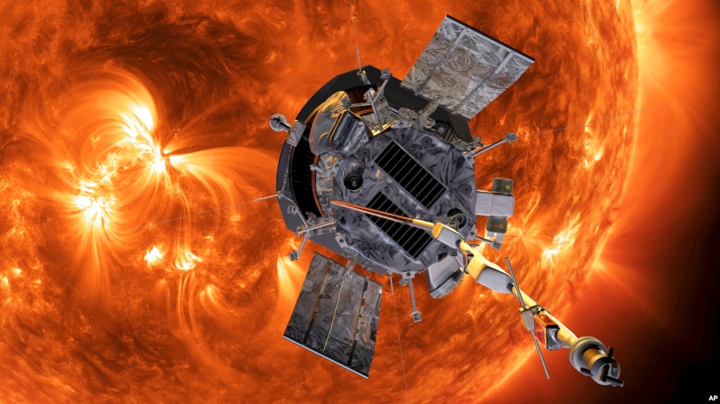 This image made available by NASA shows an artist's rendering of the Parker Solar Probe approaching the Sun. (Steve Gribben/Johns Hopkins APL/NASA via AP)