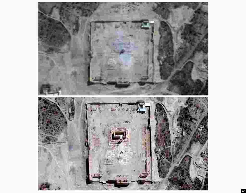 This combination of two satellite images provided by UNITAR-UNOSAT shows before (below) and after (top) a massive explosion was set off near the 2,000-year-old Temple of Bel in Palmyra, Syria, occupied by Islamic State militants.