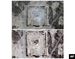 COMBO - This combination of two satellite images provided by UNITAR-UNOSAT shows damage to the main building of the ancient Temple of Bel in Palmyra, Syria on Monday, Aug. 31, 2015, top, and before the damage on Thursday, Aug. 27, 2015. The main building