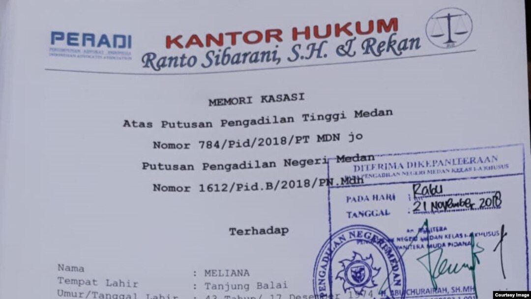 Memori kasasi Meliana yang diajukan tim kuasa hukum ke Mahkamah Agung melalui PN Medan hari Rabu (21/11). (Courtesy: Ranto Sibarani SH.)