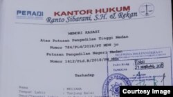 Memori kasasi Meliana yang diajukan tim kuasa hukum ke Mahkamah Agung melalui PN Medan hari Rabu (21/11). (Courtesy: Ranto Sibarani SH.)