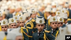 FILE - Lebanese officers attend a graduation ceremony marking the 74th Army Day, at a military barracks in Beirut's suburb of Fayadiyeh, Lebanon, Aug. 1, 2019.