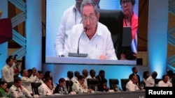 Regional leaders listen to a speech by Cuban President Raul Castro during the Community of Latin American and Caribbean States summit in Bavaro, Dominican Republic, Jan. 25, 2017. 