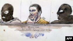 A court sketch made on Jan. 10, 2019 shows Mehdi Nemmouche,center, accused of the terrorist attack at the Jewish Museum in Brussels in 2014, during his trial at the Brussels Justice Palace. 