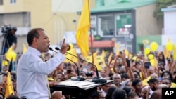 FILE - Maldives’ former president Mohamed Nasheed, addresses the public in Male, Maldives, Nov.1, 2018. 