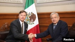 Mexico's President Andres Manuel Lopez Obrador shakes hands with newly appointed U.S. Ambassador to Mexico Christopher Landau, during a meeting at National Palace in Mexico City, Mexico, Aug. 26, 2019.