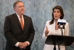 FILE - U.S. Secretary of State Mike Pompeo and U.S. Ambassador to the United Nations Nikki Haley at U.N. headquarters, July 20, 2018, called a meeting of the U.N. Security Council in response to efforts "to undermine and obstruct" sanctions against North Korea.