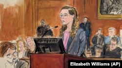 In this courtroom sketch, Caroline Ellison gives her sentencing statement at Manhattan federal court in New York, Sept. 24, 2024. (Elizabeth Williams via AP)