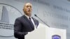 Kosovo's Prime Minister Ramush Haradinaj speaks at a news conference in Pristina, July 19, 2019. Haradinaj said he was resigning because he had been called to a war crimes court in The Hague to answer questions related to Kosovo's independence struggle.