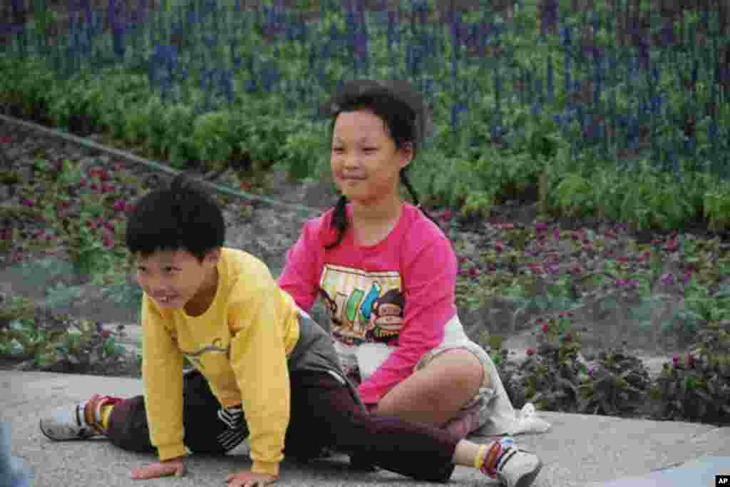 小孩子在花海前玩耍