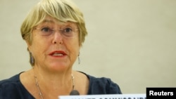 FILE - U.N. rights chief Michelle Bachelet attends a session of the Human Rights Council at the United Nations in Geneva, Sept. 13, 2021. 