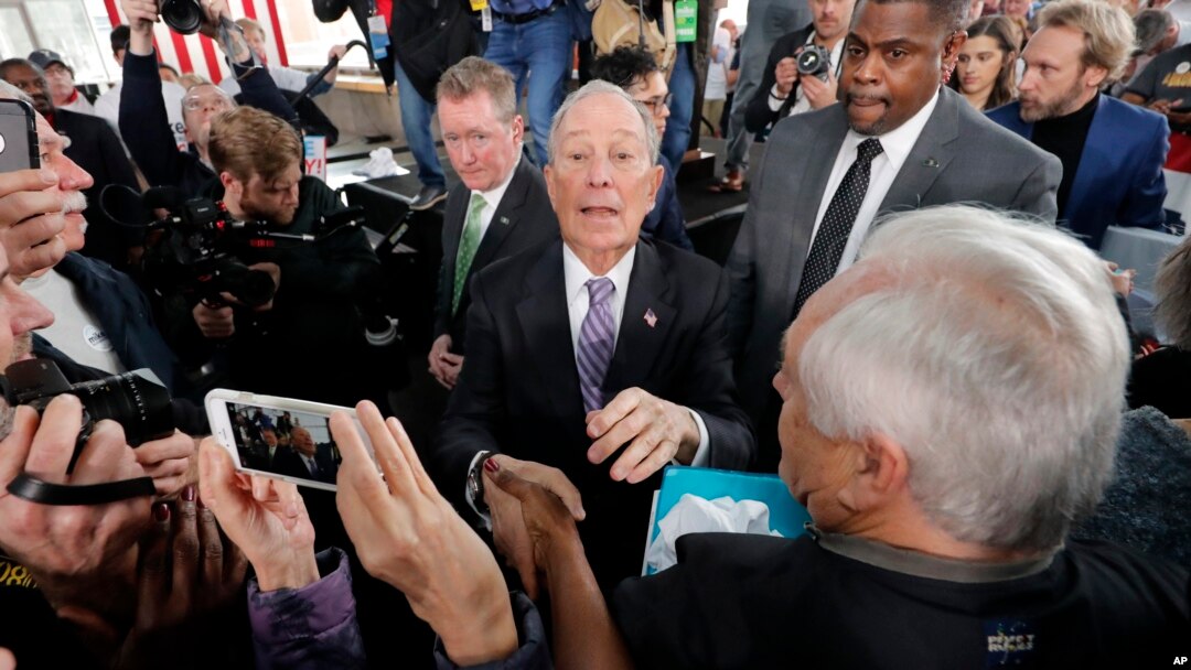 Democratic presidential candidate and former New York City Mayor Mike Bloomberg greets supporters after speaking at a campaign event in Raleigh, N.C., Feb. 13, 2020.
