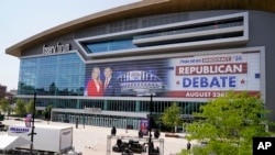 FILE -The Fiserv Forum is seen before the Republican presidential debate Aug. 22, 2023, in Milwaukee.