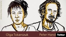 Illustration de l'écrivaine polonaise Olga Tokarczuk, Nobel de littérature 2018, et l'Autrichien Peter Handke, Nobel 2019.