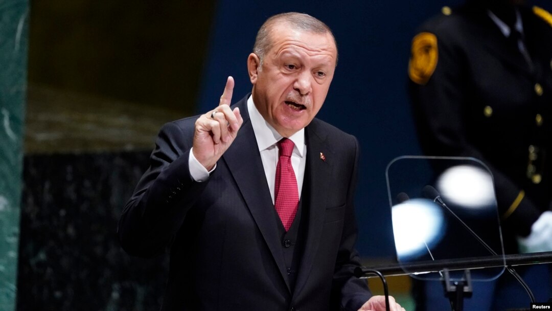 Presiden Turki Recep Tayyip Erdogan ketika memberikan pidato pada Sidang Majelis Umum PBB di New York, Selasa (24/9). 