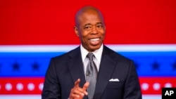 FILE - Eric Adams, Brooklyn borough president and Democratic candidate for New York City mayor, speaks during a debate in New York, Oct. 26, 2021. 