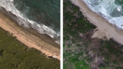 In this photo combo provided by Eric Lo, shows the shoreline in Manati, on Aug. 2017, left, before hurricane Maria and on Nov. 2017, after Hurricane Maria, in Puerto Rico. (Eric Lo via AP)