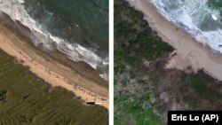 In this photo combo provided by Eric Lo, shows the shoreline in Manati, on Aug. 2017, left, before hurricane Maria and on Nov. 2017, after Hurricane Maria, in Puerto Rico. (Eric Lo via AP)