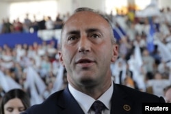 Ramush Haradinaj, a candidate for prime minister, of the coalition of the former Kosovo Liberation Army (KLA) commanders AAK, PDK and NISMA, attends an election rally in Pristina, Kosovo, June 9, 2017.