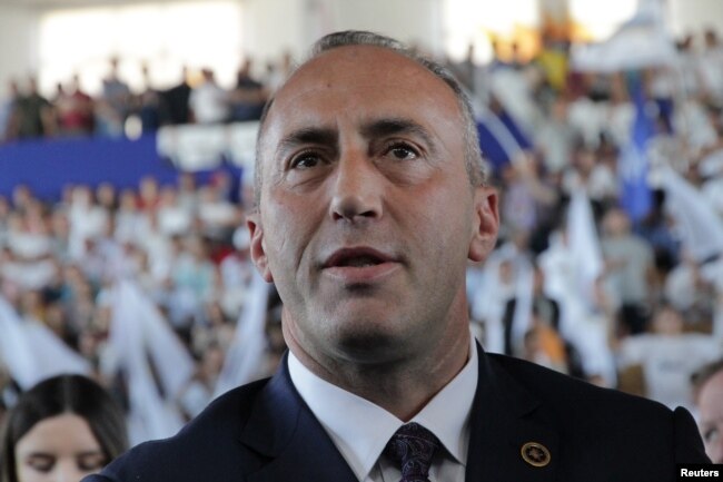 Ramush Haradinaj, a candidate for prime minister, of the coalition of the former Kosovo Liberation Army (KLA) commanders AAK, PDK and NISMA, attends an election rally in Pristina, Kosovo, June 9, 2017.