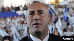 FILE - Ramush Haradinaj attending an election rally in Pristina, Kosovo, June 9, 2017.