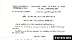 Giấy chứng nhận Người bào chữa do Tòa án tỉnh Khánh Hòa cấp cho Luật sư Nguyễn Hà Luân, (Facebook Nguyễn Hà Luân)