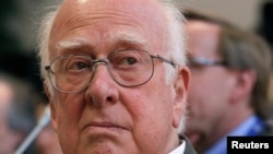 British physicist Peter Higgs at news conference on search for the Higgs boson at CERN, Meyrin, near Geneva, July 4, 2012.