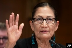 Interior Secretary Deb Haaland speaks during a hearing of the Senate Appropriations Committee Subcommittee on Interior, Environment, and Related Agencies on Capitol Hill, Wednesday, May 8, 2024, in Washington. (AP Photo/Mark Schiefelbein)