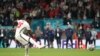 England's Bukayo Saka has his shot saved in the penalty shoot-out during the Euro 2020 soccer championship final match between England and Italy at Wembley Stadium in London, July 11, 2021.