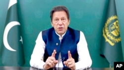 In this image taken from video provided by UN Web TV, Imran Khan, prime inister of Pakistan, remotely addresses the United Nations General Assembly in a pre-recorded message, Sept. 24, 2021, at UN headquarters.
