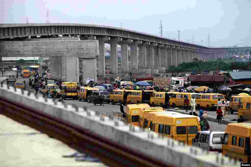 A light rail track is seen under construction as it stretches through the Orile-Iganmu district of Lagos.