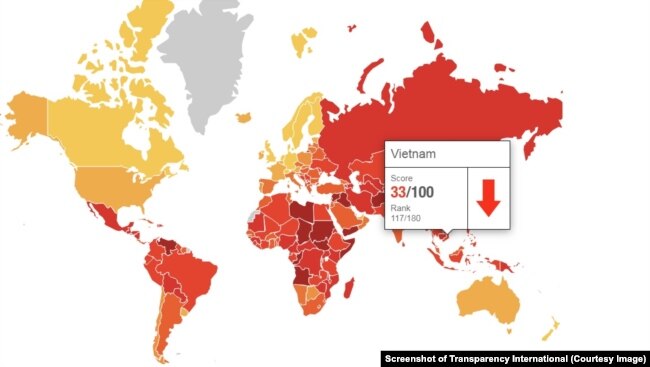 Transparency International xếp Việt Nam thứ 117/180 nước trong bảng xếp hạng về chỉ số tham nhũng năm 2018. Index 2018