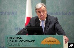 FILE - U.N. Secretary-General Antonio Guterres delivers a speech in Tokyo, Dec. 14, 2017.