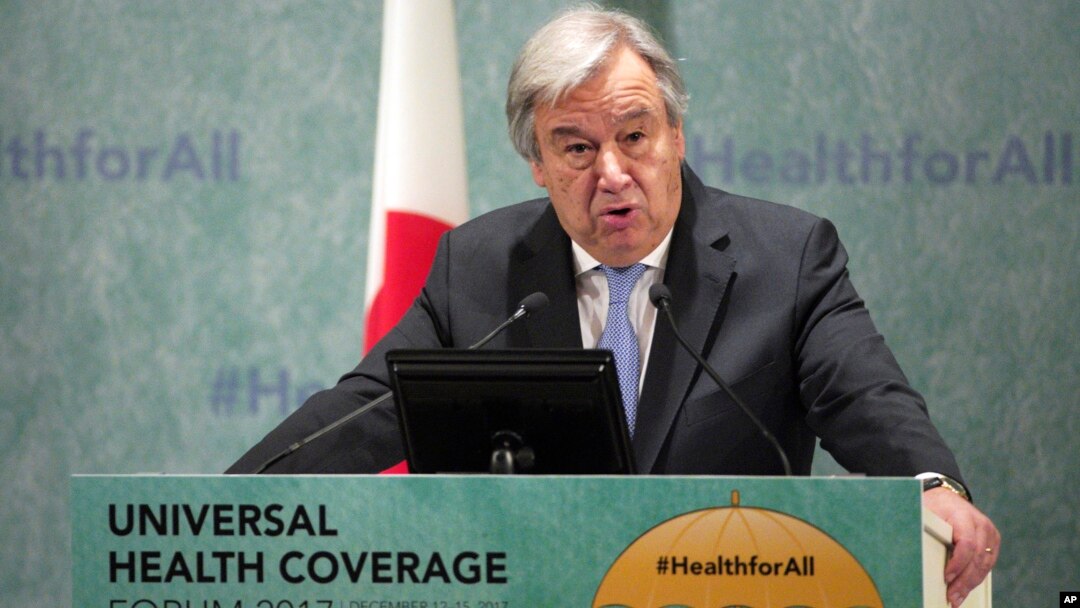 Ông Tổng thư ký Liên hiệp quốc Antonio Guterres phát biểu tại Diễn đàn Bảo hiểm Sức khỏe dược tổ chức tại Tokyo, Nhật, ngày 14/12/2017.