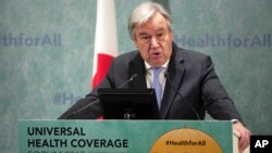 Ông Tổng thư ký Liên hiệp quốc Antonio Guterres phát biểu tại Diễn đàn Bảo hiểm Sức khỏe dược tổ chức tại Tokyo, Nhật, ngày 14/12/2017.