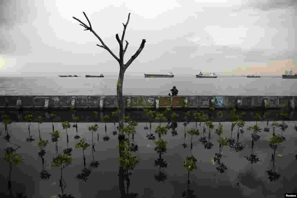 A man sits on top of a sea wall as he fishes at Muara Baru port in Jakarta, Indonesia.