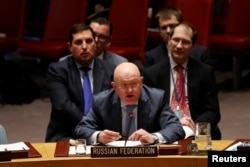 Russian Ambassador to the United Nations Vassily Nebenzia addresses the U.N. Security Council on Syria during a meeting of the Council at U.N. headquarters in New York, March 12, 2018.