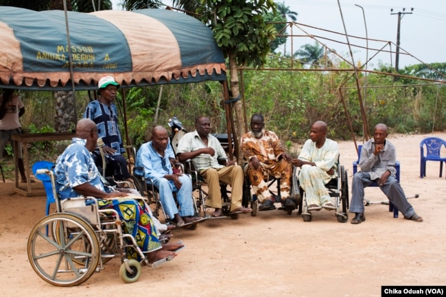 Lawrence Akpu and other disabled Biafra war veterans gather to discuss their support for the pro-Biafra movement. They want southeastern Nigeria to secede and form the country of Biafra.
