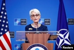 FILE - U.S. Deputy Secretary of State Wendy Sherman holds a news conference at the NATO headquarters in Brussels, Belgium, Jan. 12, 2022.