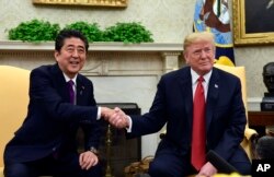 President Donald Trump meets with Japanese Prime Minister Shinzo Abe in the Oval Office of the White House in Washington, June 7, 2018.