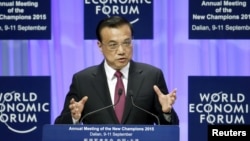 China's Premier Li Keqiang delivers a speech earlier this year at a World Economic Forum Event.