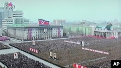 North Korea's state television shows troops and civilians at Pyongyang's Kim Il Sung Square on April 20, 2012.