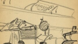 Sketch showing soldiers seated on train bound for New York Harbor.