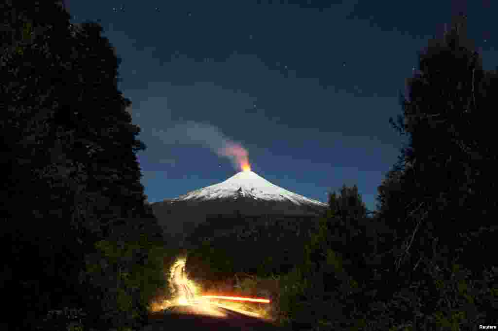 The Villarrica Volcano is seen at night in Chile. Villarrica is one of Chile's most active volcanoes.