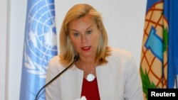 Sigrid Kaag, special coordinator of the Organization for the Prohibition of Chemical Weapons-United Nations (OPCW-UN) joint mission on eliminating Syria's chemical weapons program, speaks during a news conference in Damascus, April 27, 2014. 
