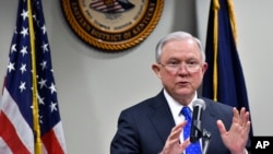 Attorney General Jeff Sessions, speaks to a gathering of law enforcement officials at the United States Attorney's offices, March 15, 2018, in Lexington, Kentucky.